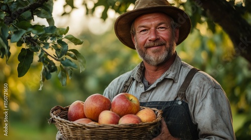Smiling farmer harvesting apples in a sunlit orchard during autumn season