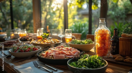Outdoor dining experience with fresh food and sunset in a serene garden setting
