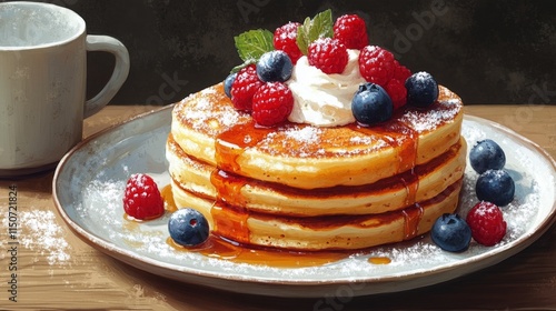 Delicious stack of pancakes topped with berries and whipped cream served with...