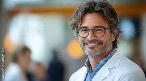 Confident male doctor smiling in modern clinic during day shift with patients...