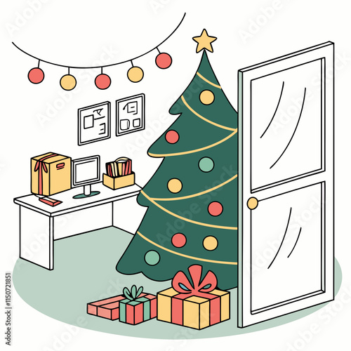 Arbre de Noël et cadeaux dans une armoire décorée concept de célébration des vacances du nouvel an intérieur de bureau illustration