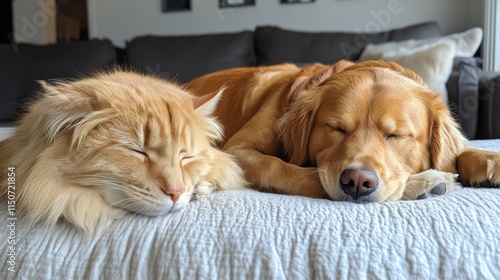 Cats and dogs peacefully sleeping together on a cozy blanket