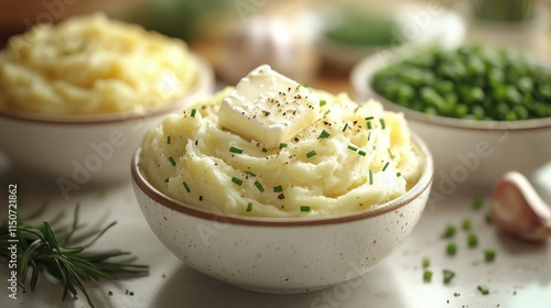 Creamy mashed potatoes topped with butter and chives in a rustic bowl