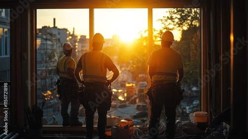 Construction workers enjoy sunset view from high-rise site in urban area