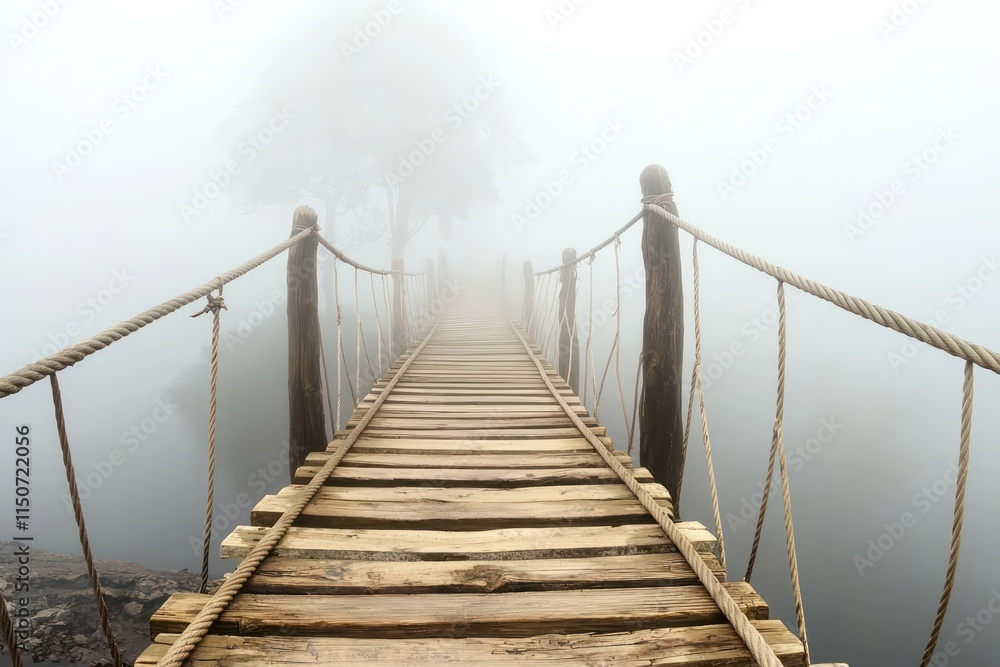 Wooden plank and rope bridge leading into a dense fog, with trees barely visible in the distance Wooden plank and rope bridge leading into a dense fog, with trees barely visible in the distance
