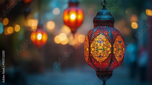 Lantern glowing in twilight with intricate patterns surrounded by lush greene...