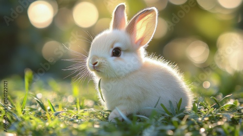 Cute white rabbit sitting on green grass in a sunny garden during springtime