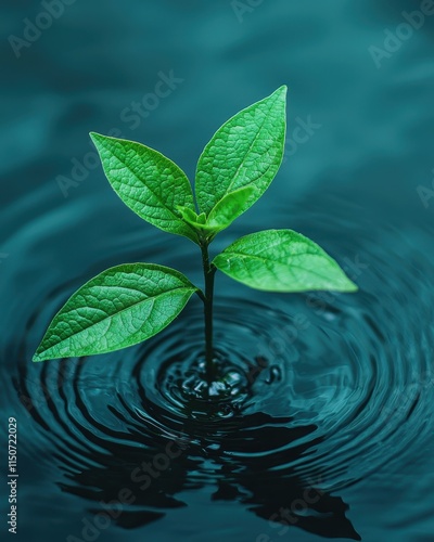 A vibrant green plant emerges from rippling water, symbolizing growth and resilience in a tranquil environment.