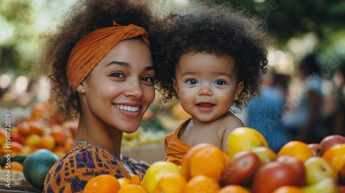 Mother and child enjoying apple picking in a sunny orchard during a bright su...