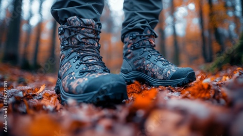 Hiking boots on a rocky surface surrounded by autumn foliage in a misty forest