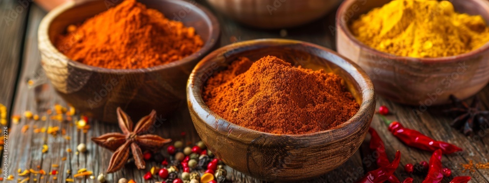 Spices and herbs in rustic wooden bowls Spices and herbs in rustic wooden bowls