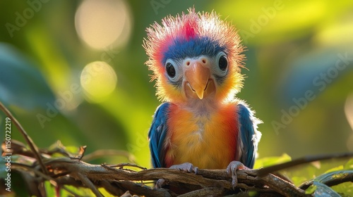 Colorful parrot perched on branch during golden hour in a vibrant garden