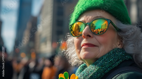 Smiling woman celebrating St Patricks Day in festive green attire with shamro...