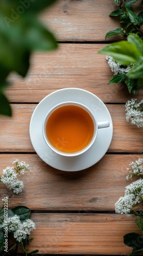 Trendy cup of tea placed on a rustic wooden table surrounded by greenery in a...