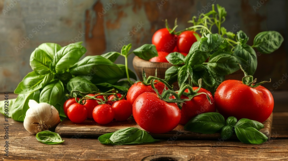 Fresh tomatoes and basil on rustic wooden surface Fresh tomatoes and basil on rustic wooden surface