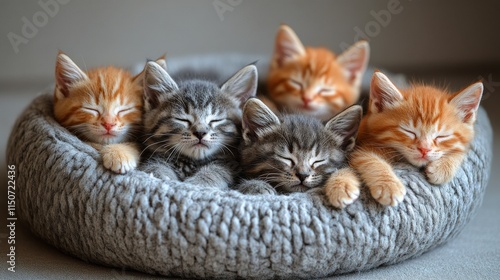 Cozy orange kittens peacefully sleeping in a woven basket at a sunny indoor s...