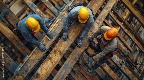 Construction workers collaborating on wooden beams at a worksite during daytime