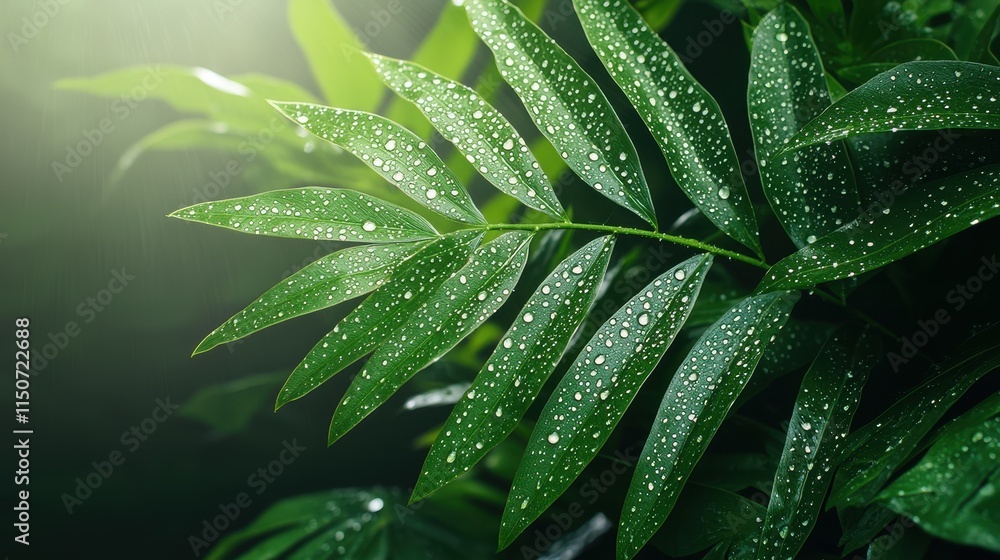 Obraz premium Close-up of lush green leaves glistening with water droplets, showcasing the beauty of nature and freshness in a serene environment.