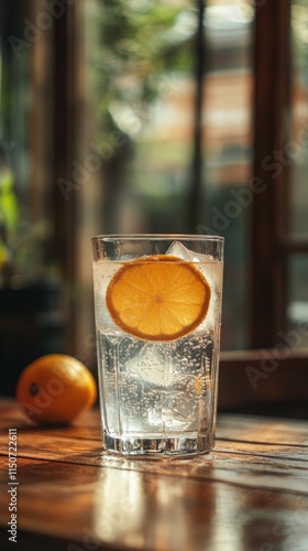 Refreshing drink with lemon slice in outdoor cafe during golden hour