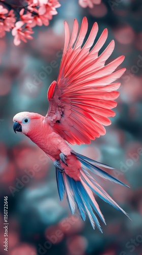 Colorful parrot in mid-flight showcasing vibrant feathers and striking colors...