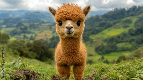 Adorable young alpaca grazing in a lush green field during golden hour