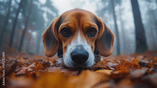 Beagle resting on autumn leaves in a foggy forest landscape