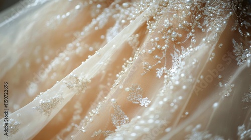 Elegant bridal gown adorned with delicate white flowers in a soft fabric setting