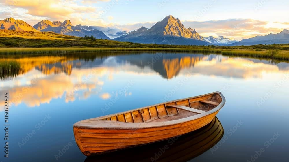 Serene sunset over a tranquil lake with a wooden rowboat. AI. Serene sunset over a tranquil lake with a wooden rowboat. AI.