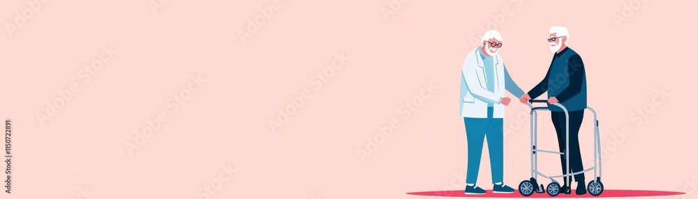 Caregiver helping an elderly man with a walker, comprehensive care, mobility support Caregiver helping an elderly man with a walker, comprehensive care, mobility support
