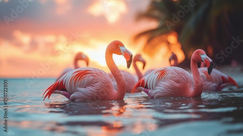 Flamingos gracefully wading in calm water during a colorful sunset at a tropi...