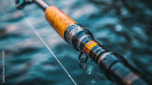 Close-up of a fishing rod with droplets resting on its surface near calm water