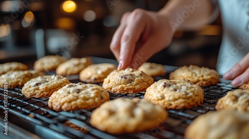 Freshly baked cookies being removed from a wire rack in a cozy kitchen