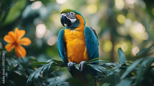 Vibrant parrot perched on a branch in the lush rain forest during morning light