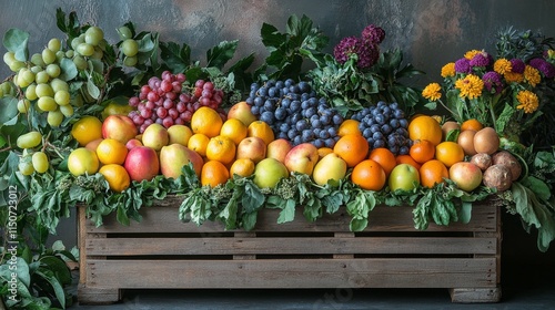Vibrant display of fresh fruits and flowers in a rustic market setting