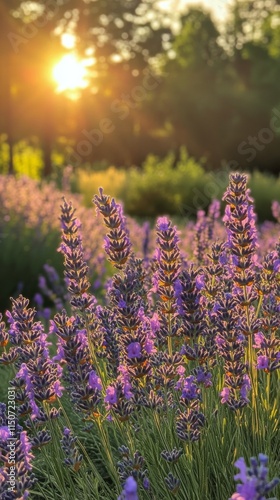 Lavender field blooms under warm sunlight during golden hour