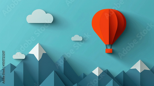 Red hot air balloon flying over origami mountains