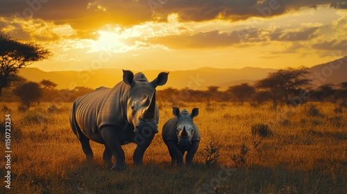 Two rhinoceroses wandering through golden grass at sunset in a serene natural...