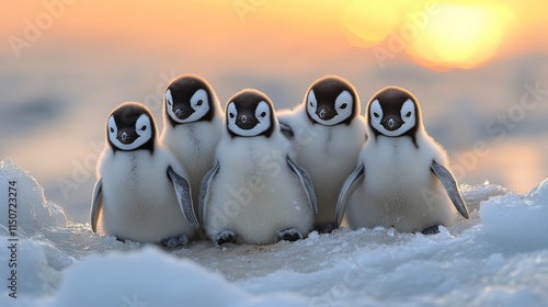 Charming group of baby penguins huddled together on an icy shore during winter