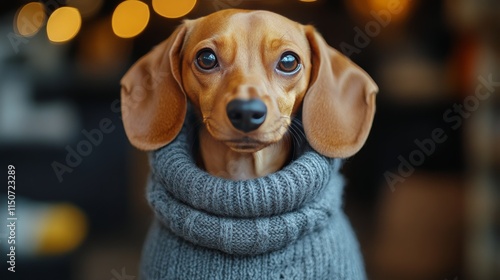 Cute dachshund wearing a cozy sweater in a warm indoor setting