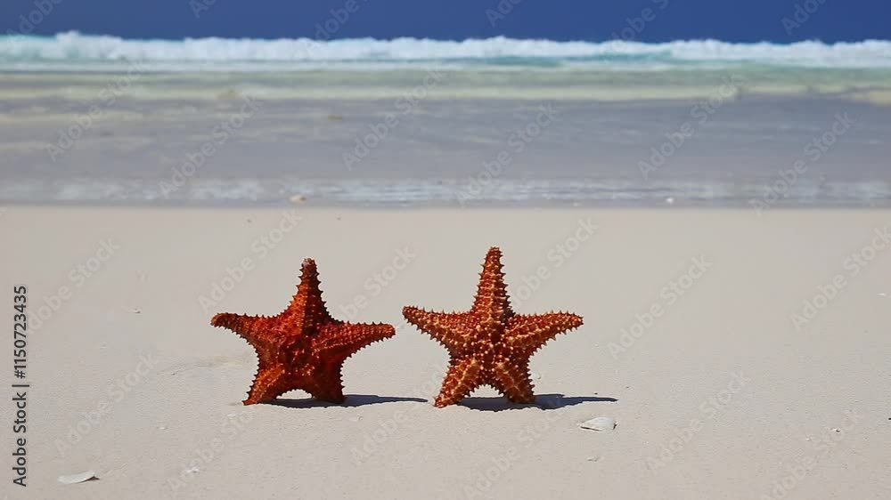 Two Starfishes on tropical beach. Travel destinations. Summer vacation. Closeup Two Starfishes on tropical beach. Travel destinations. Summer vacation. Closeup