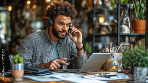 Young professional engaged in business discussion at a coffee shop while revi...