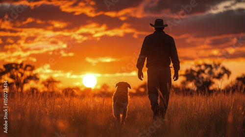 Man walks with dog at sunset on a field with flowers near countryside