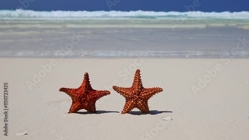 Two Starfishes on tropical beach. Travel destinations. Summer vacation. Closeup