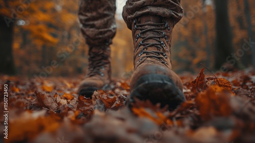 Exploring autumn trails in sturdy boots with fallen leaves underfoot