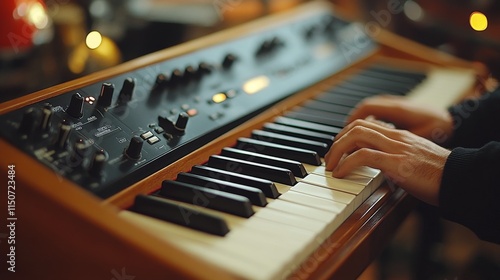 Hands play synthesizer keys in a cozy music studio during evening hours