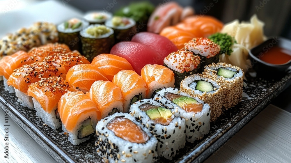 Sushi platter featuring assorted rolls, fresh fish, and side dishes served on a black tray Sushi platter featuring assorted rolls, fresh fish, and side dishes served on a black tray