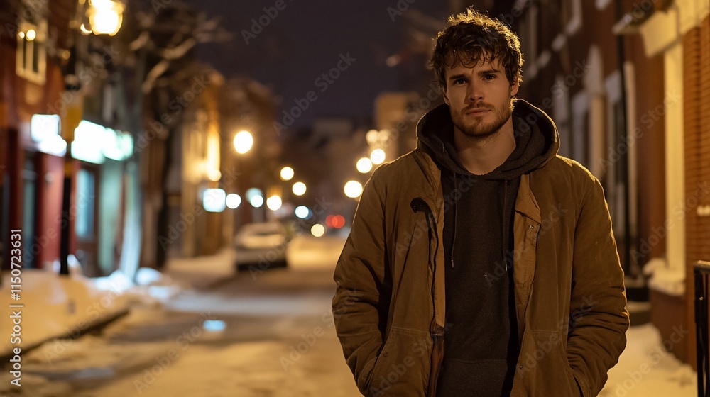 Obraz premium Young Man Standing on Snowy Night Street