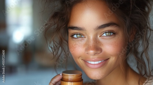 Smiling woman holding natural skincare product in bright indoor setting with ...