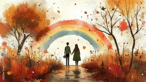 Couples holding hands under a colorful rainbow in a serene outdoor setting du...