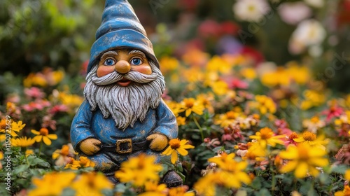 Garden gnome standing among vibrant flowers in a lush outdoor setting during ...